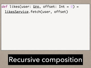 Recursive composition
def likes(user: Urn, offset: Int = 0) =	
	 likesService.fetch(user, offset).flatMap {	
	 	 case page if(page.hasNext) =>	
	 	 	 likes(user, page.nextOffset).map {	
	 	 	 	 page.events ++ _	
	 	 	 }	
	 	 case page =>	
	 	 	 Future.value(page.events)	
	 }
 