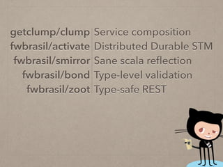 Service composition
Distributed Durable STM
Sane scala reﬂection
Type-level validation
Type-safe REST
getclump/clump
fwbrasil/activate
fwbrasil/smirror
fwbrasil/bond
fwbrasil/zoot
 
