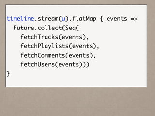 !
timeline.stream(u).flatMap { events =>	
Future.collect(Seq(	
fetchTracks(events),	
fetchPlaylists(events),	
fetchComments(events),	
fetchUsers(events)))	
}	
 