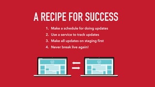 1. Make a schedule for doing updates
2. Use a service to track updates
3. Make all updates on staging ﬁrst
4. Never break live again!
A RECIPE FOR SUCCESS
 