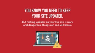 YOU KNOW YOU NEED TO KEEP
YOUR SITE UPDATED.
But making updates on your live site is scary
and dangerous. Things can and will break.
 