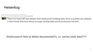 Heisenbug
Elasticsearch fails to delete documents(!!!), i.e. serves stale data???
7
 