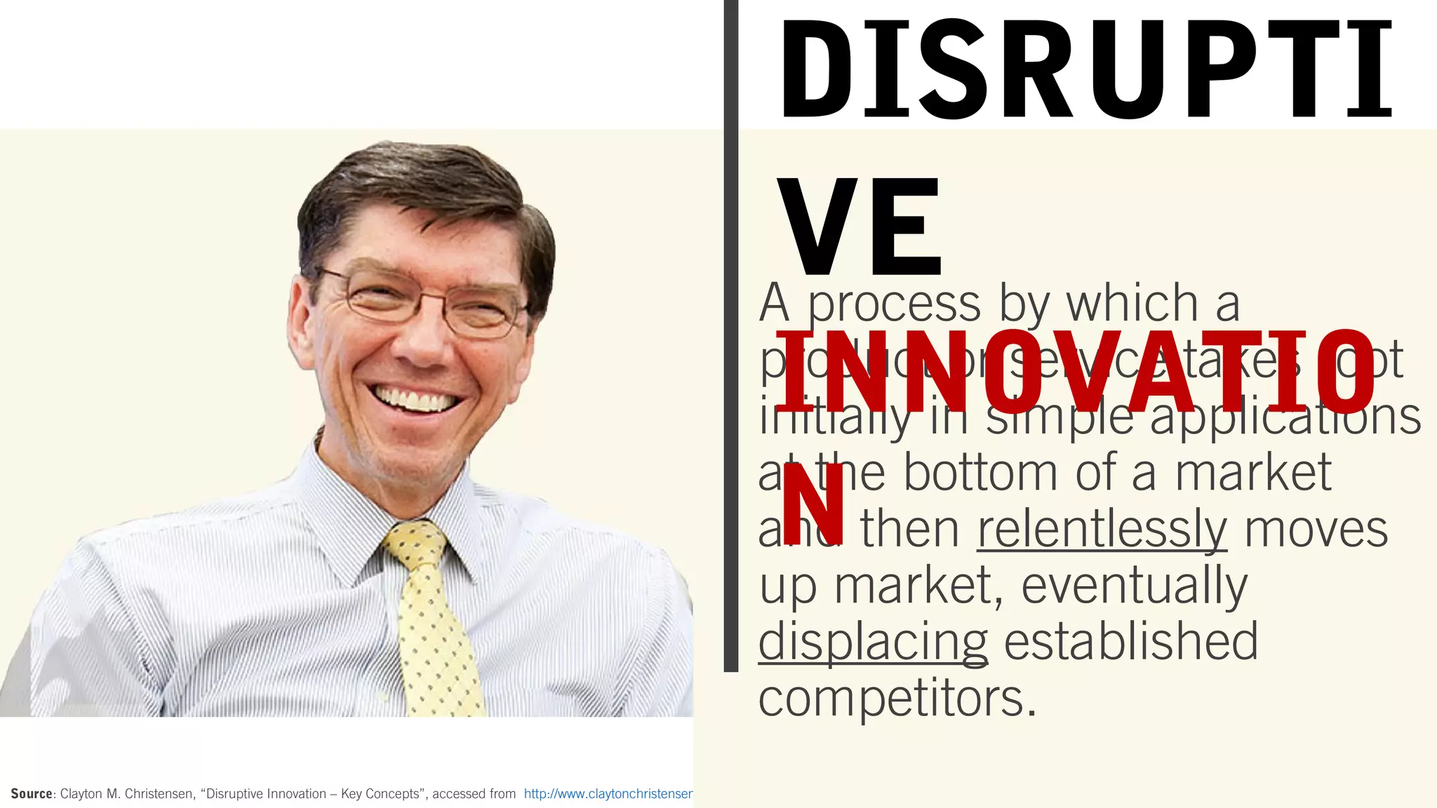 Source: Clayton M. Christensen, “Disruptive Innovation – Key Concepts”, accessed from http://www.claytonchristensen.com/key-concepts/
A process by which a
product or service takes root
initially in simple applications
at the bottom of a market
and then relentlessly moves
up market, eventually
displacing established
competitors.
DISRUPTI
VE
INNOVATIO
N
 