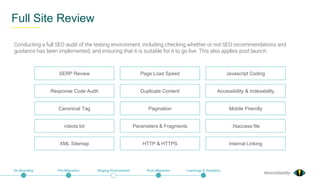 @exceldaddy
Full Site Review
On-Boarding Pre-Migration Staging Environment Post-Migration Learnings & Analytics
robots.txt
Response Code Audit
Canonical Tag
SERP Review
XML Sitemap
Parameters & Fragments
Duplicate Content
Pagination
Page Load Speed
HTTP & HTTPS
.htaccess file
Accessibility & Indexability
Mobile Friendly
Javascript Coding
Internal Linking
Conducting a full SEO audit of the testing environment, including checking whether or not SEO recommendations and
guidance has been implemented, and ensuring that it is suitable for it to go live. This also applies post launch.
 