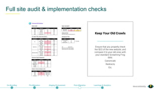 @exceldaddy
Full site audit & implementation checks
On-Boarding Pre-Migration Staging Environment Post-Migration Learnings & Analytics
Keep Your Old Crawls
Ensure that you properly check
the SEO of the new website, and
compare it to your old ones with
your standard Screaming Frog
data.
Canonicals
Redirects
Etc.
 
