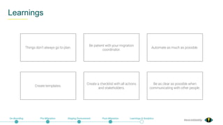 @exceldaddy
Learnings
On-Boarding Pre-Migration Staging Environment Post-Migration Learnings & Analytics
Things don’t always go to plan.
Be patient with your migration
coordinator.
Automate as much as possible.
Create templates.
Create a checklist with all actions
and stakeholders.
Be as clear as possible when
communicating with other people.
 