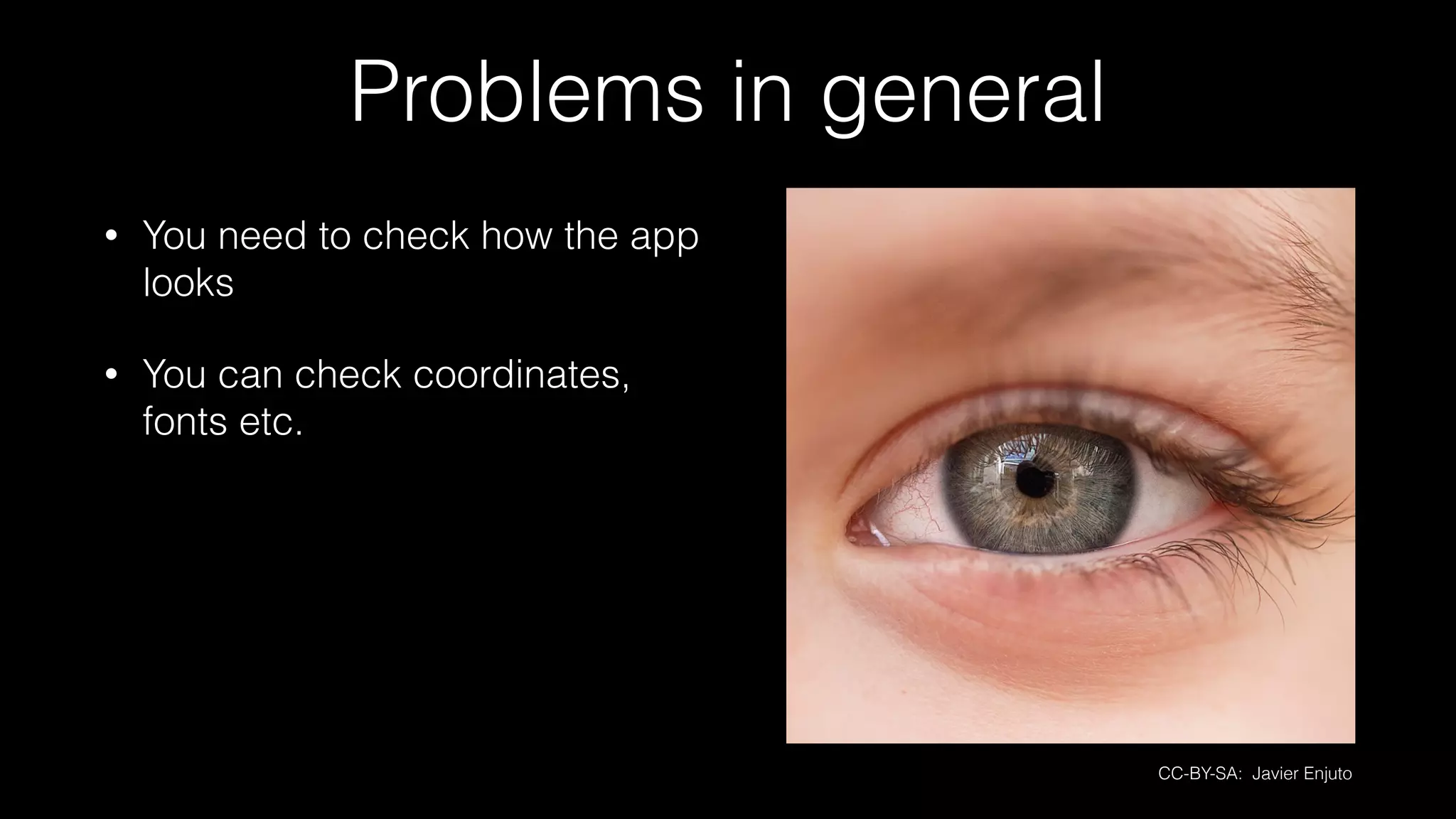 Problems in general
• You need to check how the app
looks
• You can check coordinates,
fonts etc.
CC-BY-SA: Javier Enjuto
 