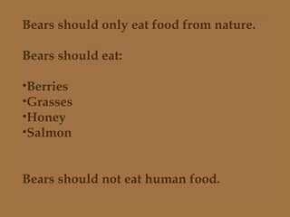 Bears should only eat food from nature.
Bears should eat:
•Berries
•Grasses
•Honey
•Salmon
Bears should not eat human food.
 