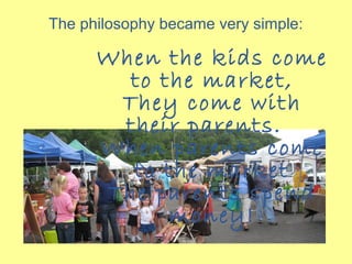 When the kids come
to the market,
They come with
their parents.
When parents come
to the market
The parents spend
money!
The philosophy became very simple:
 