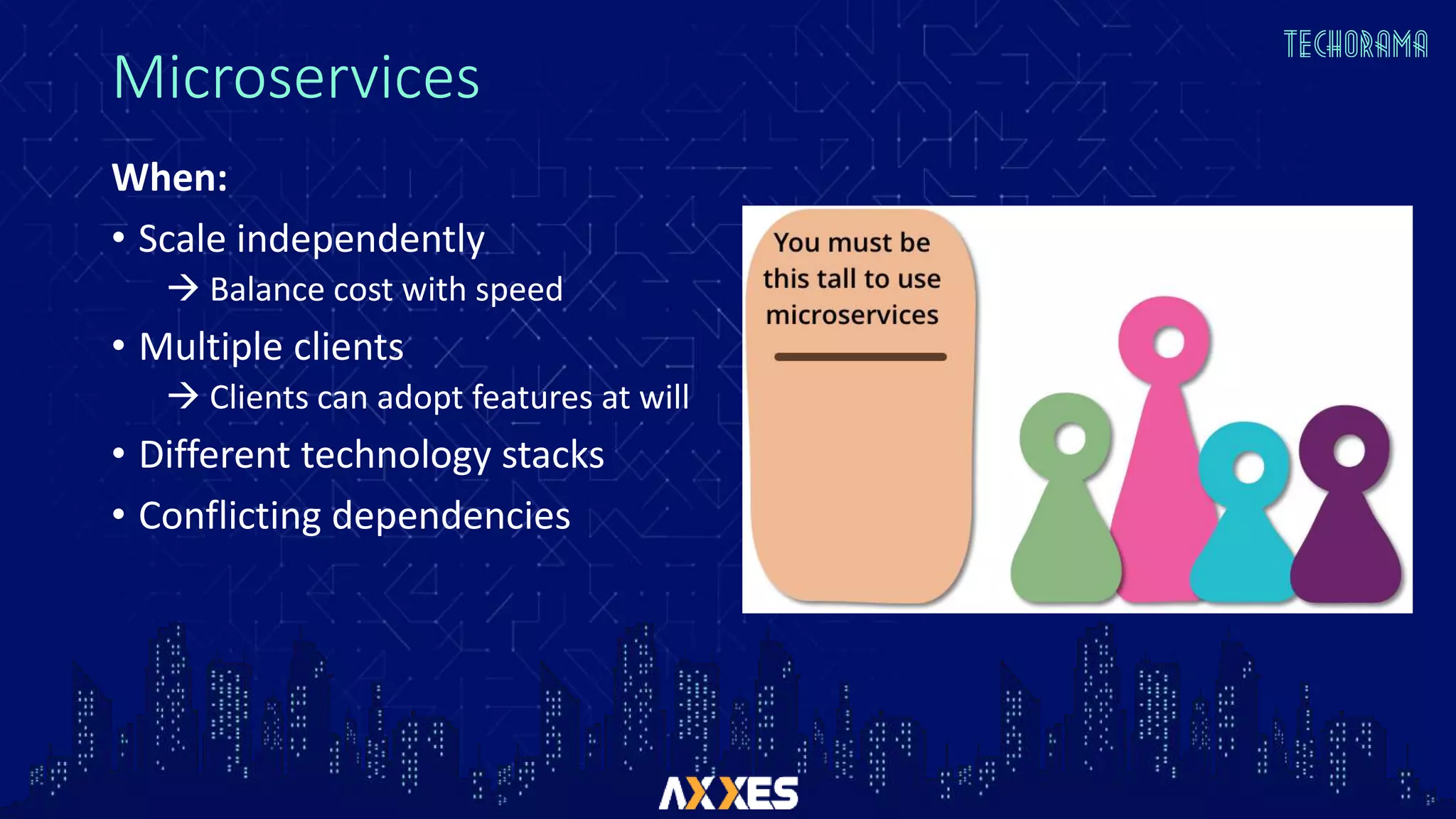 Microservices
When:
• Scale independently
 Balance cost with speed
• Multiple clients
 Clients can adopt features at will
• Different technology stacks
• Conflicting dependencies
 