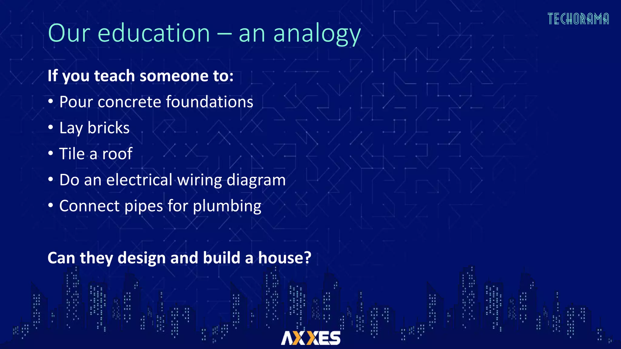 Our education – an analogy
If you teach someone to:
• Pour concrete foundations
• Lay bricks
• Tile a roof
• Do an electrical wiring diagram
• Connect pipes for plumbing
Can they design and build a house?
 