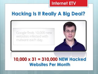 Hacking Is It Really A Big Deal?
10,000 x 31 = 310,000 NEW Hacked
Websites Per Month
Internet ETV
 