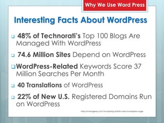 Interesting Facts About WordPress
 48% of Technorati’s Top 100 Blogs Are
Managed With WordPress
 74.6 Million Sites Depend on WordPress
WordPress-Related Keywords Score 37
Million Searches Per Month
 40 Translations of WordPress
 22% of New U.S. Registered Domains Run
on WordPress
Why We Use Word Press
https://managewp.com/14-surprising-statistics-about-wordpress-usage
 