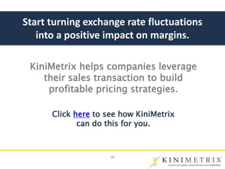 202020
KiniMetrix helps companies leverage
their sales transaction to build
profitable pricing strategies.
Click here to s...