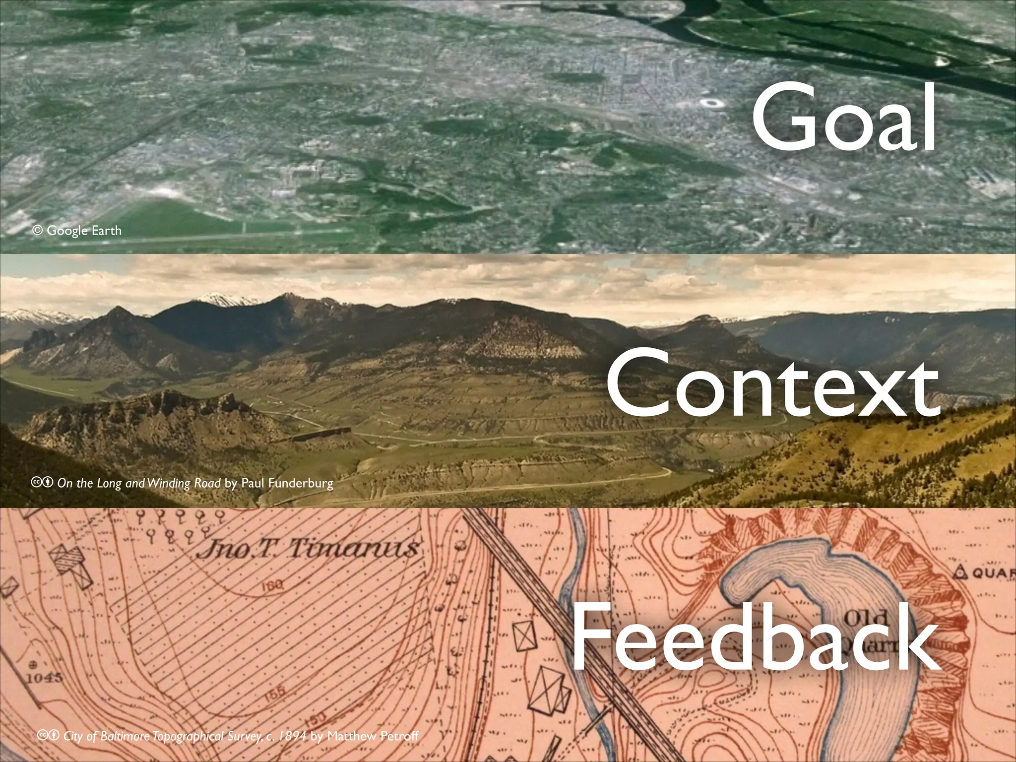 Goal
© © Google Earth

Context
cb On the Long and Winding Road by Paul Funderburg

Feedback
cb City of Baltimore Topographical Survey, c. 1894 by Matthew Petroff

 