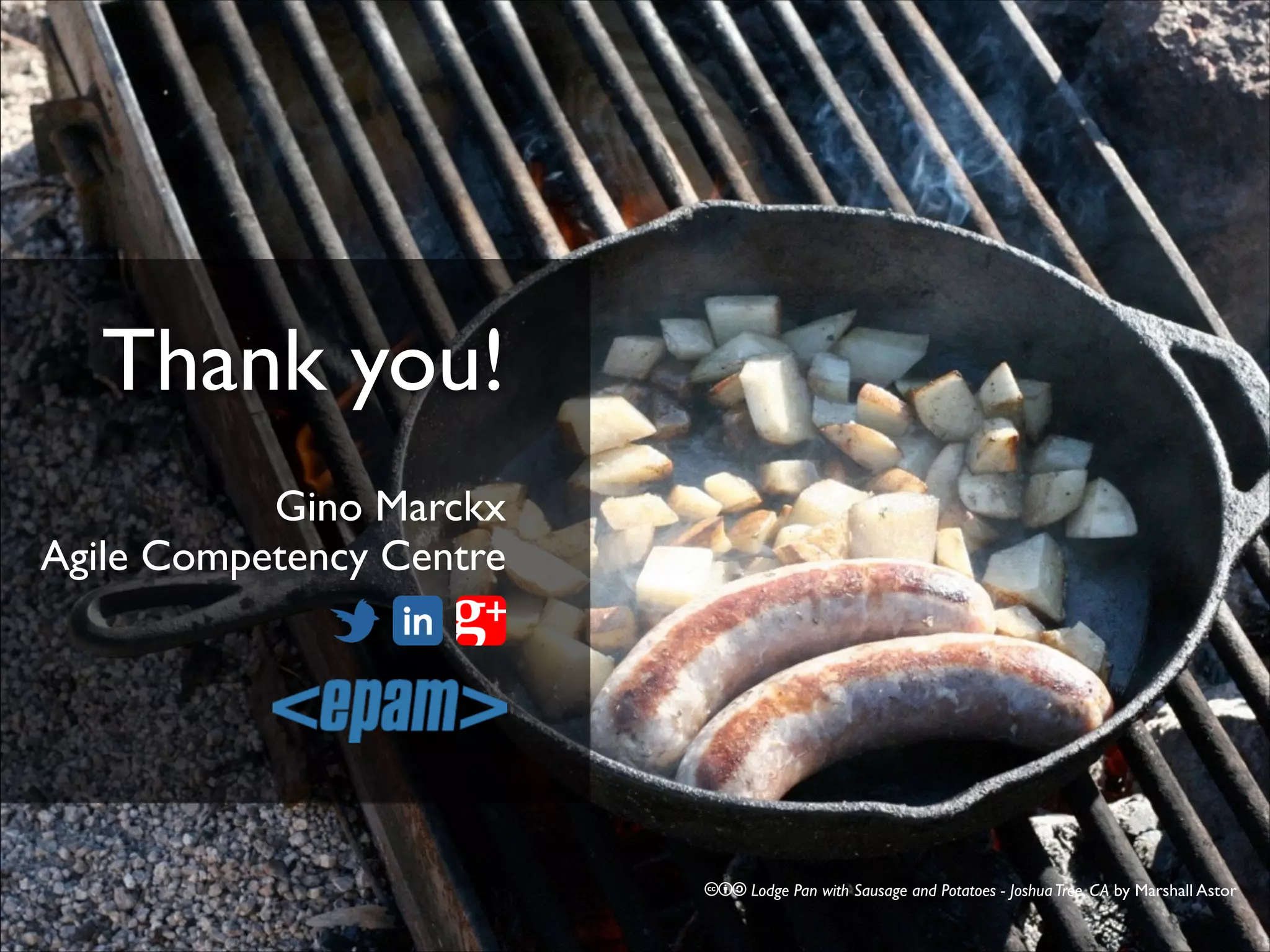 Thank you!
Gino Marckx!
Agile Competency Centre

cba Lodge Pan with Sausage and Potatoes - Joshua Tree, CA by Marshall Astor

 