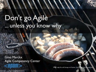 Don't go Agile
... unless you know why

Gino Marckx!
Agile Competency Center
cba Lodge Pan with Sausage and Potatoes - Joshua Tree, CA by Marshall Astor

 