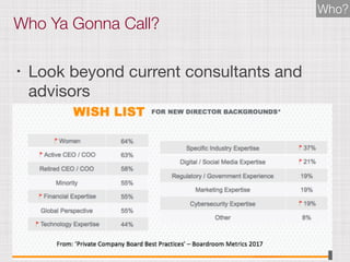 Who Ya Gonna Call?
• Look beyond current consultants and
advisors

Who?
 