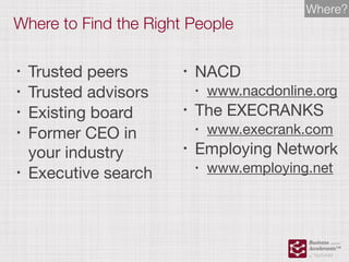 Where to Find the Right People
• NACD

• www.nacdonline.org

• The EXECRANKS

• www.execrank.com

• Employing Network

• www.employing.net
• Trusted peers

• Trusted advisors

• Existing board

• Former CEO in
your industry

• Executive search
Where?
 