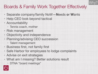 Boards & Family Work Together Effectively
• Separate company/family NoW—Needs or Wants

• Help CEO look beyond tactical

• Accountability 

• Tennis coach, mother

• Risk management

• Objectivity and independence

• Planning/advising CEO succession

• Talent management

• Business ﬁrst, not family ﬁrst

• Safe Harbor for employees to lodge complaints

• Advise on exit strategies

• What am I missing? Better solutions result

• DTNA “board meetings”
Why?
 