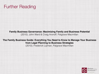Further Reading
Family Business Governance: Maximizing Family and Business Potential
(2010). John Ward & Craig Aronoff, Palgrave Macmillan
The Family Business Guide: Everything You Need to Know to Manage Your Business
from Legal Planning to Business Strategies
(2010). Frederick Lipman, Palgrave Macmillan
 