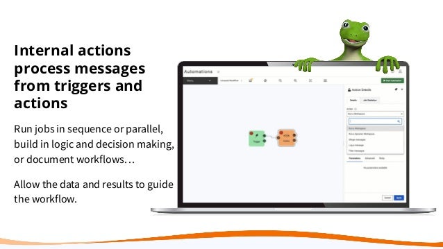 Internal actions
process messages
from triggers and
actions
Run jobs in sequence or parallel,
build in logic and decision making,
or document workflows…
Allow the data and results to guide
the workflow.
 
