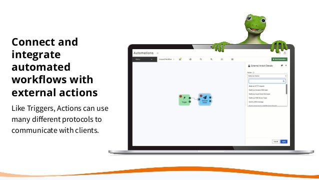 Connect and
integrate
automated
workﬂows with
external actions
Like Triggers, Actions can use
many diﬀerent protocols to
communicate with clients.
 