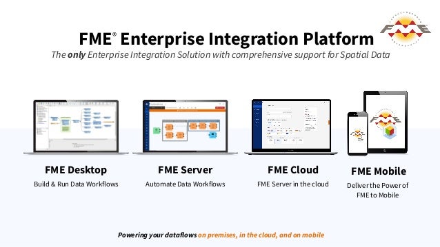 FME®
Enterprise Integration Platform
FME Desktop
Build & Run Data Workflows
FME Server
Automate Data Workflows
FME Mobile
Deliver the Power of
FME to Mobile
The only Enterprise Integration Solution with comprehensive support for Spatial Data
Powering your dataflows on premises, in the cloud, and on mobile
FME Cloud
FME Server in the cloud
 