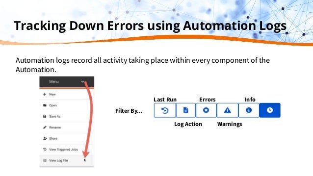 Tracking Down Errors using Automation Logs
Filter By…
Last Run
Log Action
Errors
Warnings
Info
Automation logs record all activity taking place within every component of the
Automation.
 