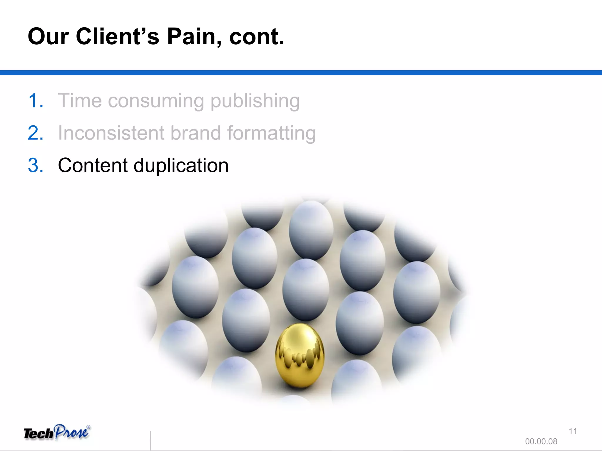 Time consuming publishing Inconsistent brand formatting Content duplication Our Client’s Pain, cont. 