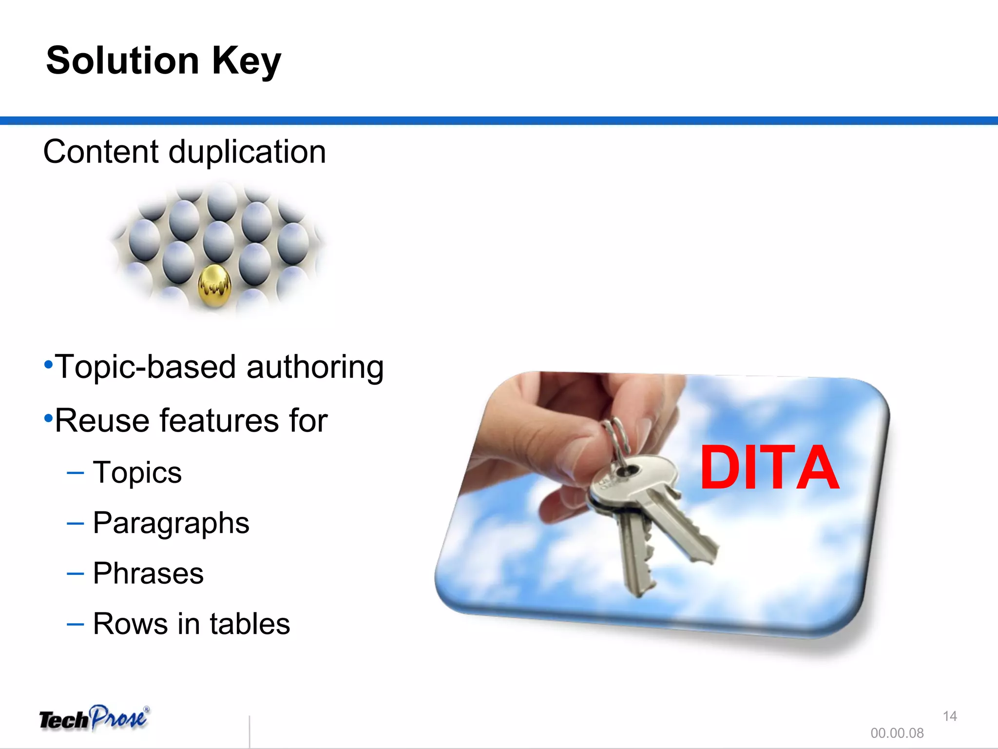 Content duplication Topic-based authoring  Reuse features for Topics Paragraphs Phrases Rows in tables Solution Key DITA 