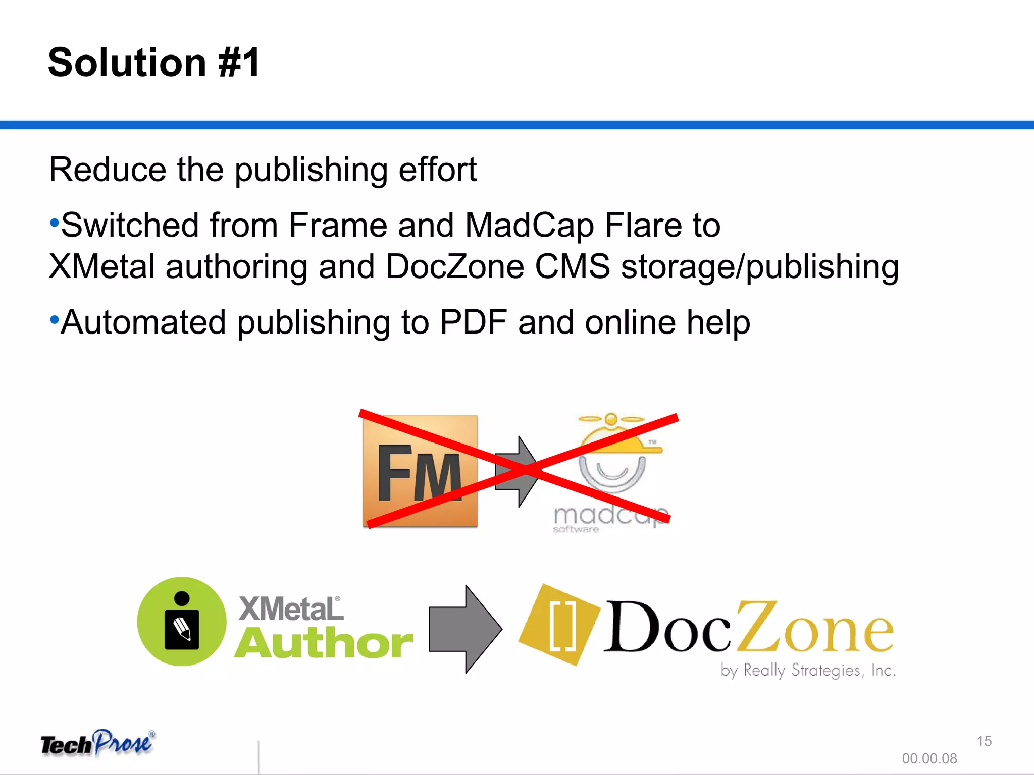 Reduce the publishing effort Switched from Frame and MadCap Flare to XMetal authoring and DocZone CMS storage/publishing Automated publishing to PDF and online help Solution #1 
