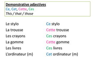 Demonstrative adjectives
Ce, Cet, Cette, Ces
This / that / those

Le stylo                   Ce stylo
La trousse                 Cette trousse
Les crayons                Ces crayons
La gomme                   Cette gomme
Les livres                 Ces livres
L’ordinateur (m)           Cet ordinateur (m)
 