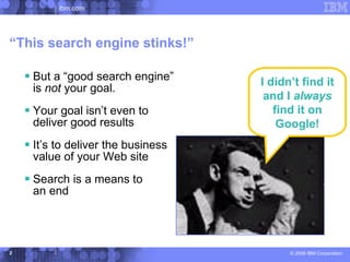 ibm.com




“This search engine stinks!”

     But a “good search engine”     I didn’t find it
     is not your goal.
                                      and I always
     Your goal isn’t even to           find it on
     deliver good results                Google!
     It’s to deliver the business
     value of your Web site
     Search is a means to
     an end




2                                          © 2006 IBM Corporation
 