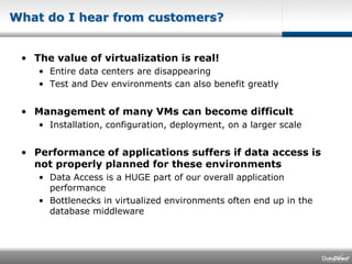 What do I hear from customers?The value of virtualization is real!Entire data centers are disappearingTest and Dev environments can also benefit greatlyManagement of many VMs can become difficultInstallation, configuration, deployment, on a larger scalePerformance of applications suffers if data access is not properly planned for these environmentsData Access is a HUGE part of our overall application performanceBottlenecks in virtualized environments often end up in the database middleware