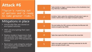 Attack #6
“Taylor’s running out
of options and is ready
to take greater risks.”
5 Taylor once again succeeds in obtaining credentials for the HR-
admin and gives himself a raise
4 Taylor then injects the FVEK and mounts the virtual disk
3 The tool isolates the VM’s memory and locates the BitLocker full-
volume encryption key (FVEK)
2 As before, Taylor copies the crashdump off and cracks it open on
another machine that is not subject to locked CI policies
1 Taylor decides to trigger a memory dump on the virtualization host
(e.g. hibernate, crashdump)
Mitigations in place
• Virtual disk files are stored on
encrypted volumes
• VM’s are encrypting their own
volumes
• Deploy modern hypervisors that
can provide their VMs with UEFI,
secure boot and TPM-backed key
release
• Restrictive code-integrity policies
are enforced and locked to UEFI
secure variables
 