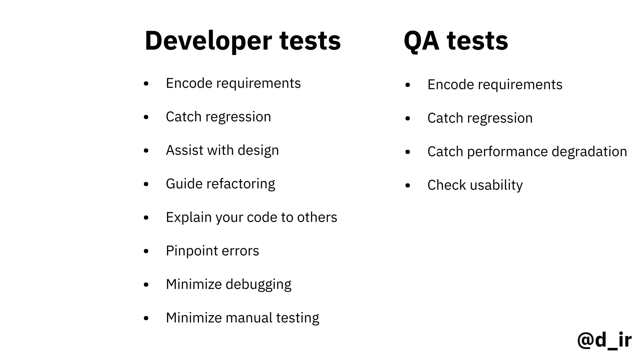 Developer tests
• Encode requirements
• Catch regression
QA tests
• Encode requirements
• Catch regression
@d_ir
• Assist with design
• Guide refactoring
• Explain your code to others
• Pinpoint errors
• Minimize debugging
• Minimize manual testing
• Catch performance degradation
• Check usability
 
