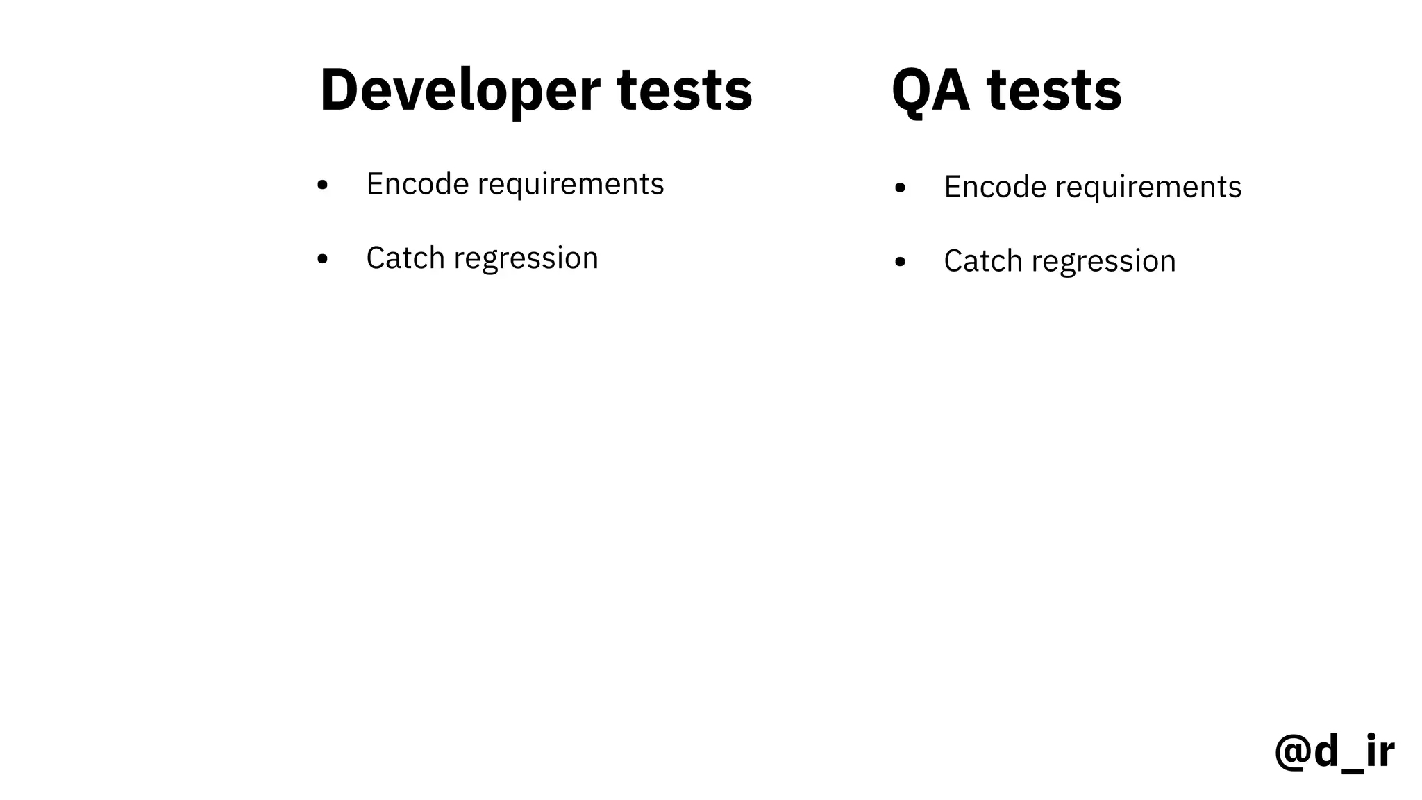 Developer tests
• Encode requirements
• Catch regression
QA tests
• Encode requirements
• Catch regression
@d_ir
 