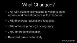 @adam_englander
What Changed?
• JWT with custom claims used to validate entire
request and critical portions of the response
• JWE to encrypt request and response
• JWA for future prooﬁng cryptography
• JWK for credential rotation
• Removed password entirely
 