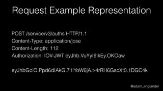 @adam_englander
Request Example Representation
POST /service/v3/auths HTTP/1.1
Content-Type: application/jose
Content-Length: 112
Authorization: IOV-JWT eyJhb.VuYyI6IkEy.OKOaw
eyJhbGciO.Ppd6dIAkG.71lYoW6jA.t-4rRH6GsoXt0.1DGC4k
 