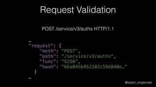 @adam_englander
Request Validation
POST /service/v3/auths HTTP/1.1
…
"request": { 
"meth": "POST", 
"path": "/service/v3/auths", 
"func": "S256", 
"hash": "66a045b452102c59d840e…" 
} 
…
 