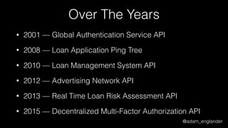 @adam_englander
Over The Years
• 2001 — Global Authentication Service API
• 2008 — Loan Application Ping Tree
• 2010 — Loan Management System API
• 2012 — Advertising Network API
• 2013 — Real Time Loan Risk Assessment API
• 2015 — Decentralized Multi-Factor Authorization API
 