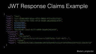 @adam_englander
JWT Response Claims Example
{ 
"iss": "lka", 
"sub": "svc:d2083969-b5aa-4753-909d-472ce2517fd1", 
"aud": "dir:fd57bffe-7391-47c4-94d0-a0ad4b6bc979", 
"iat": 1234567891, 
"nbf": 1234567891, 
"exp": 1234567896, 
"jti": "bec95e07-cee2-4c77-b080-56a8b24b2e54", 
"response": { 
"status": 201, 
"cache": "no-cache", 
"location": "/directory/v3/users/518f5d3e-7cdf-4ef1-…", 
"func": "S256", 
"hash": "66a045b452102c59d840ec097d59d9467e13a3f34f6494e539ffd32c1bb35f18" 
} 
}
 