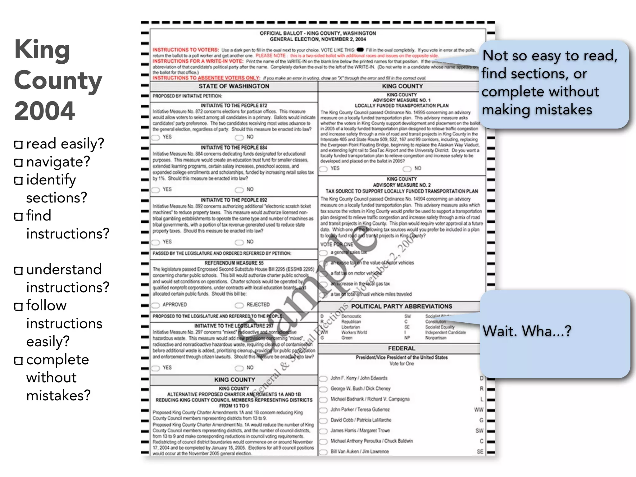 King
County
2004
read easily?
navigate?
identify
sections?
ﬁnd
instructions?
understand
instructions?
follow
instructions
easily?
complete
without
mistakes?
Not so easy to read,
ﬁnd sections, or
complete without
making mistakes
Wait. Wha...?
 