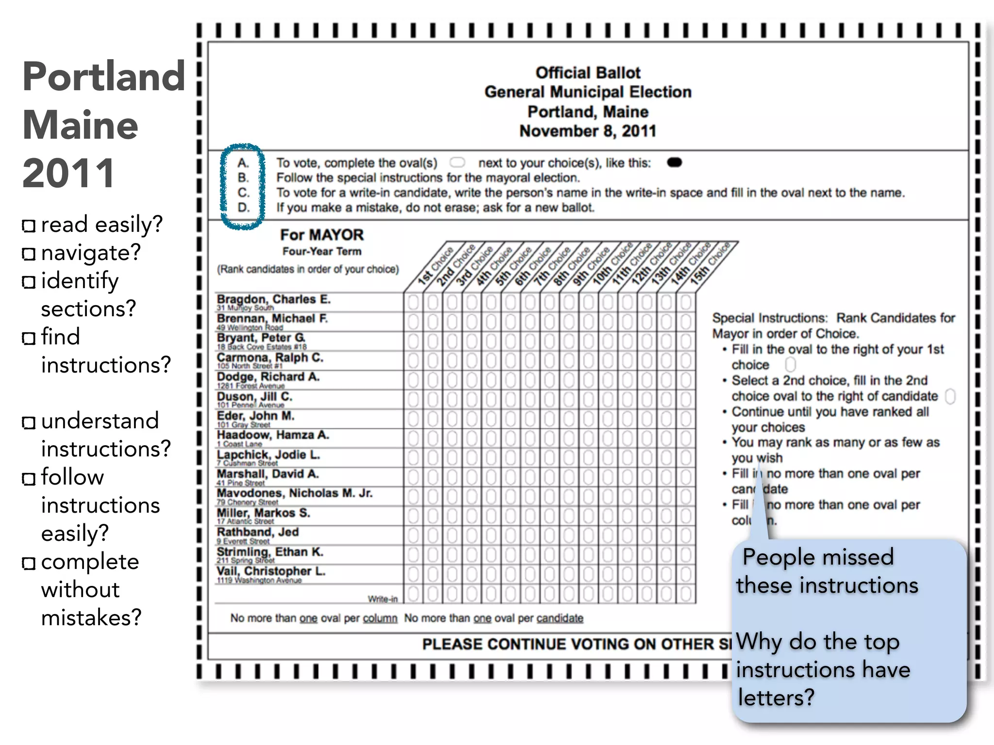 Portland
Maine
2011
read easily?
navigate?
identify
sections?
ﬁnd
instructions?
understand
instructions?
follow
instructions
easily?
complete
without
mistakes?
People missed
these instructions
Why do the top
instructions have
letters?
 