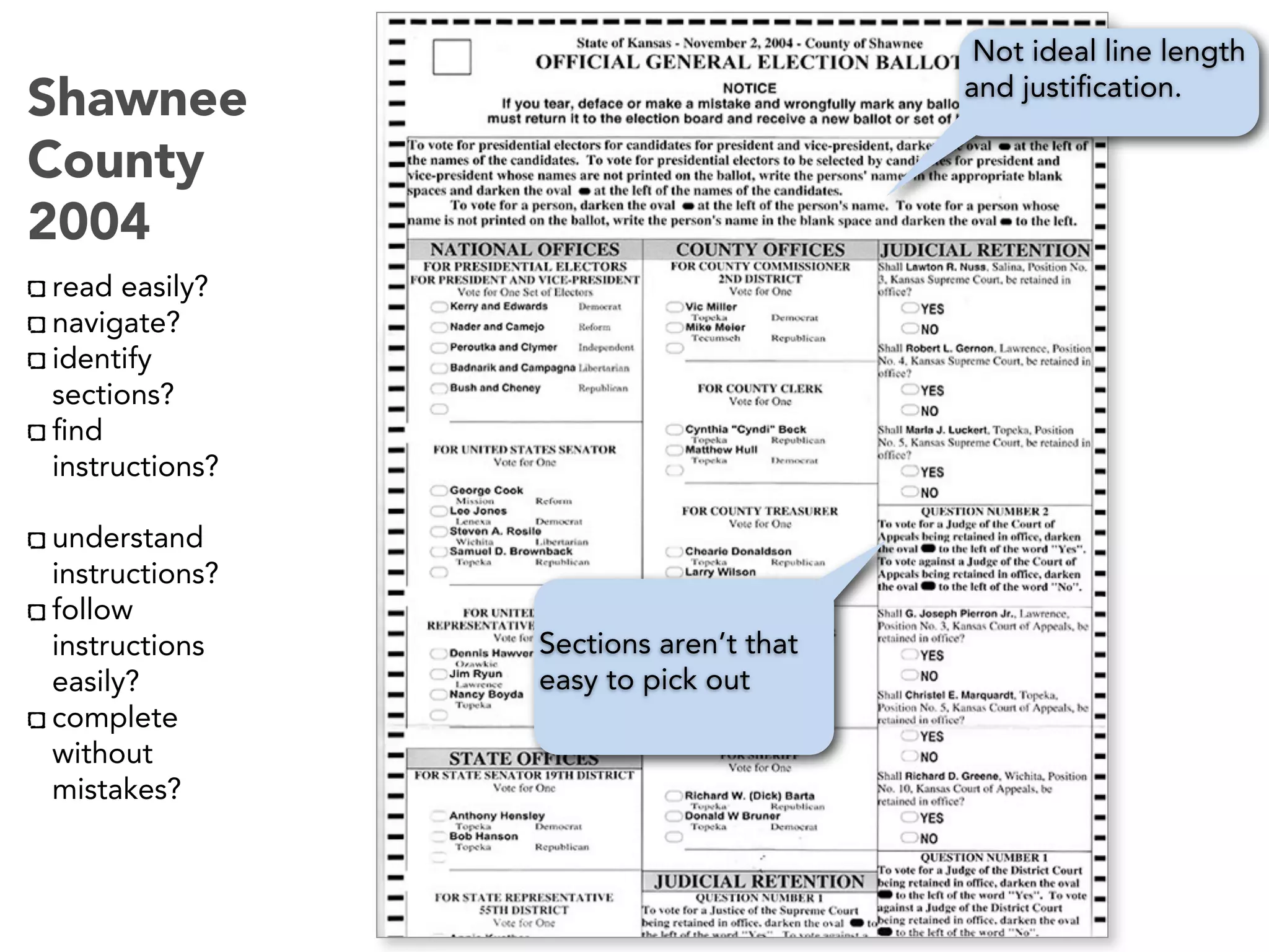 Shawnee
County
2004
read easily?
navigate?
identify
sections?
ﬁnd
instructions?
understand
instructions?
follow
instructions
easily?
complete
without
mistakes?
Not ideal line length
and justiﬁcation.
Sections aren’t that
easy to pick out
 