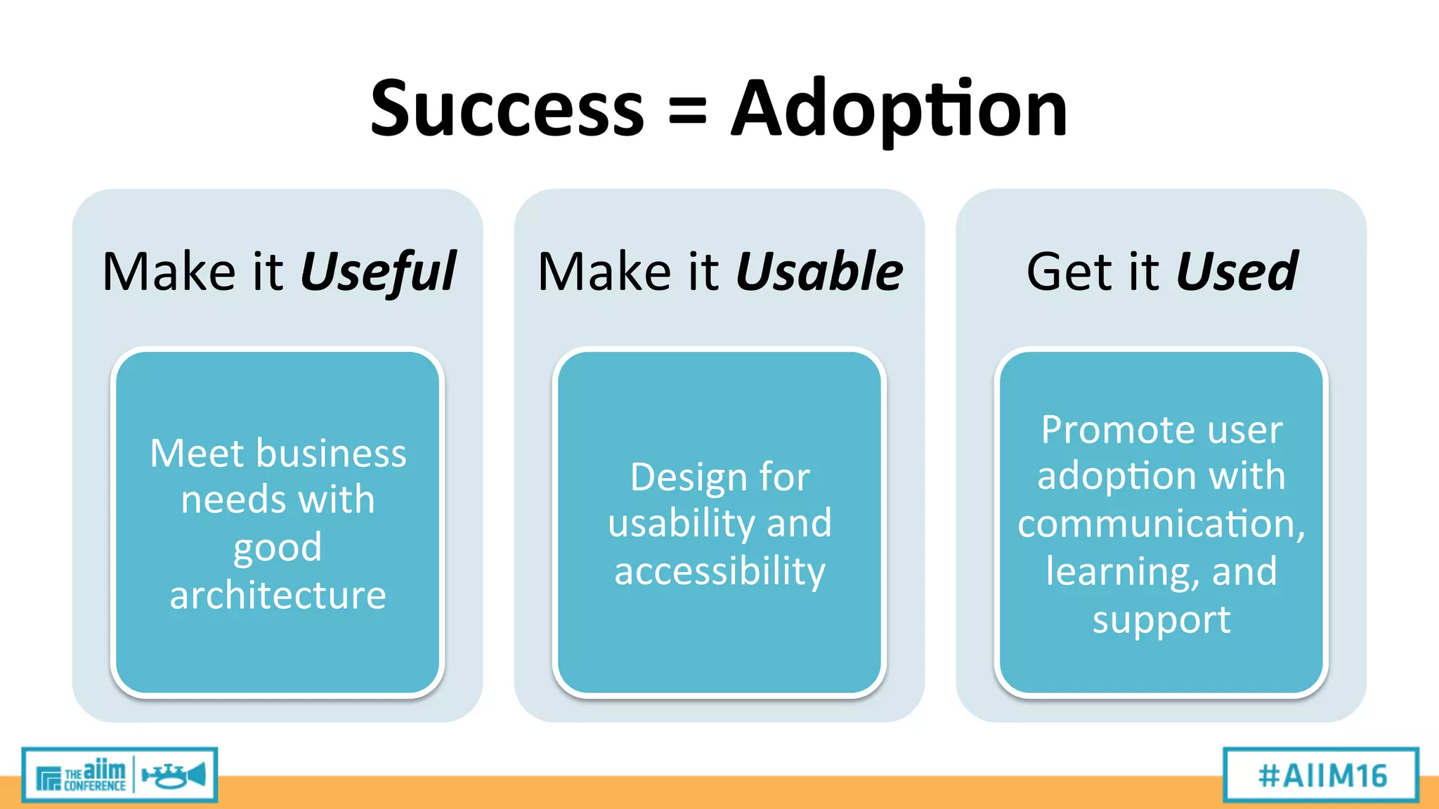 Success	
  =	
  Adop;on	
  
Make	
  it	
  Useful	
  
Meet	
  business	
  
needs	
  with	
  
good	
  
architecture	
  
Make	
  it	
  Usable	
  
Design	
  for	
  
usability	
  and	
  
accessibility	
  
Get	
  it	
  Used	
  
Promote	
  user	
  
adop9on	
  with	
  
communica9on,	
  
learning,	
  and	
  
support	
  
 