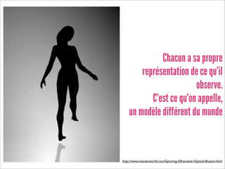 Chacun a sa propre
        représentation de ce qu'il
                         observe.
           C'est ce qu'on appelle,
    un modèle différent du monde



http://www.maniacworld.com/Spinning-Silhouette-Optical-Illusion.html
 