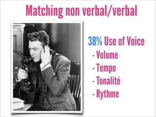 Matching non verbal/verbal

              38% Use of Voice
               - Volume
               - Tempo
               - Tonalité
               - Rythme
 