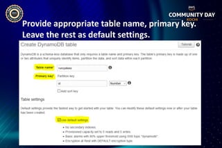 Provide appropriate table name, primary key.
Leave the rest as default settings.
 